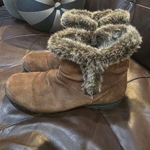 Khombu Brown Faux Suede Winter Ankle Boots with Faux Fur Trim